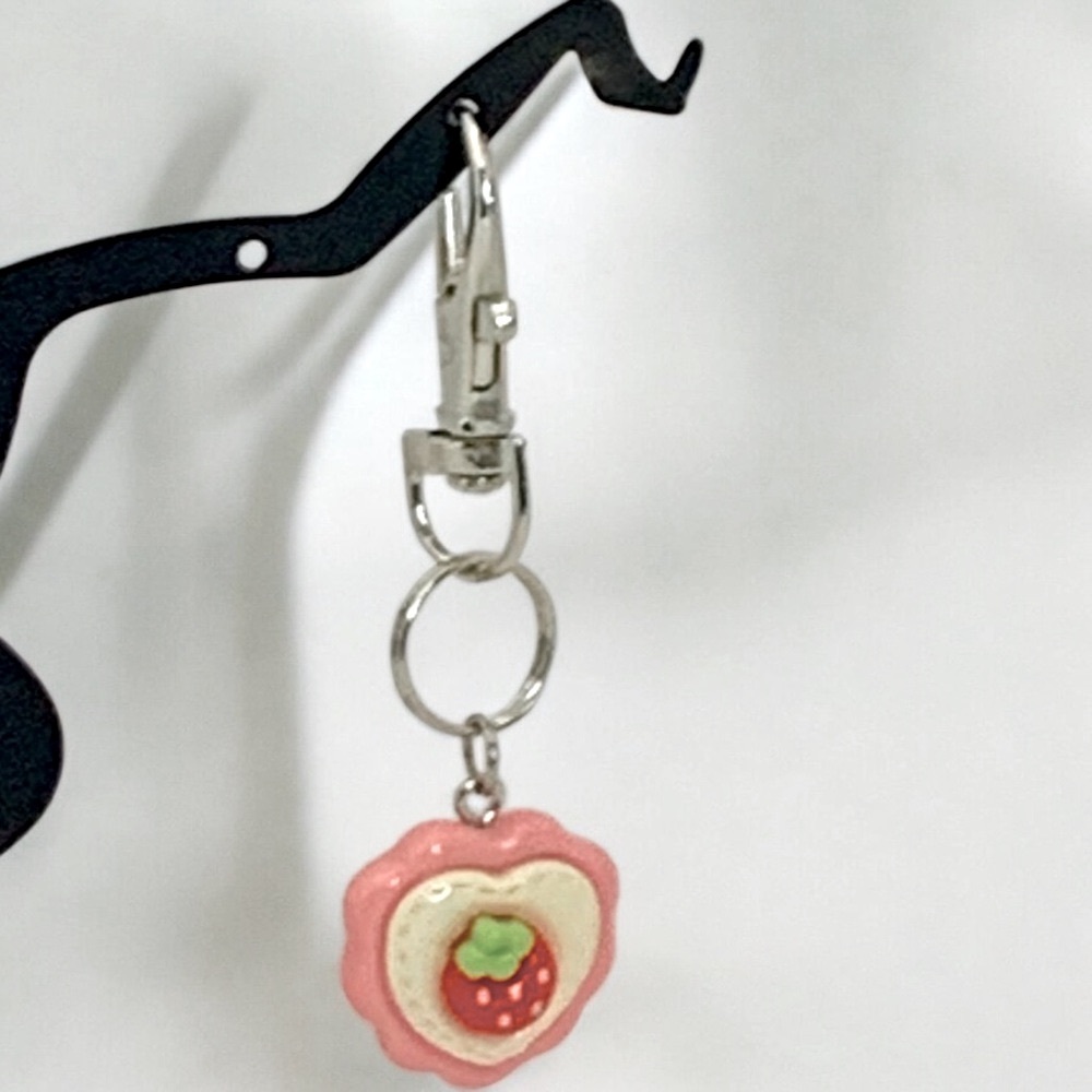 Strawberry Heart Silver Tone Pink & Cream Toggle Clasp Zipper Pull Valentine
